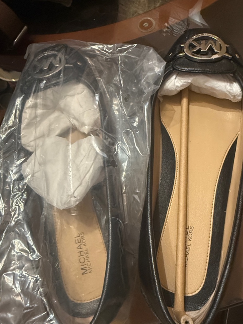 Michael Kors Black Leather Logo Ballet Flats with Gold MK Emblem